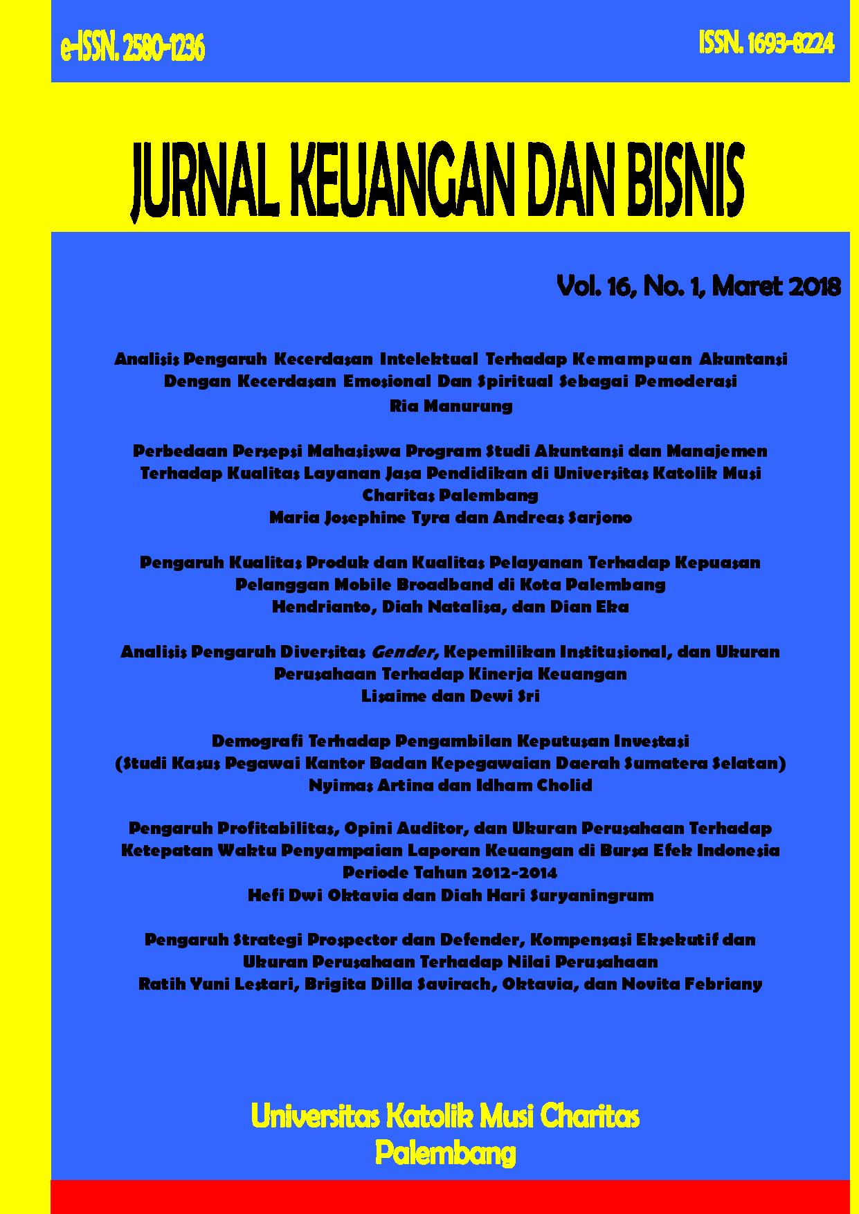 					View Vol. 16 No. 1 (2018): Jurnal Keuangan dan Bisnis Volume 16 Nomor 1 Maret 2018
				