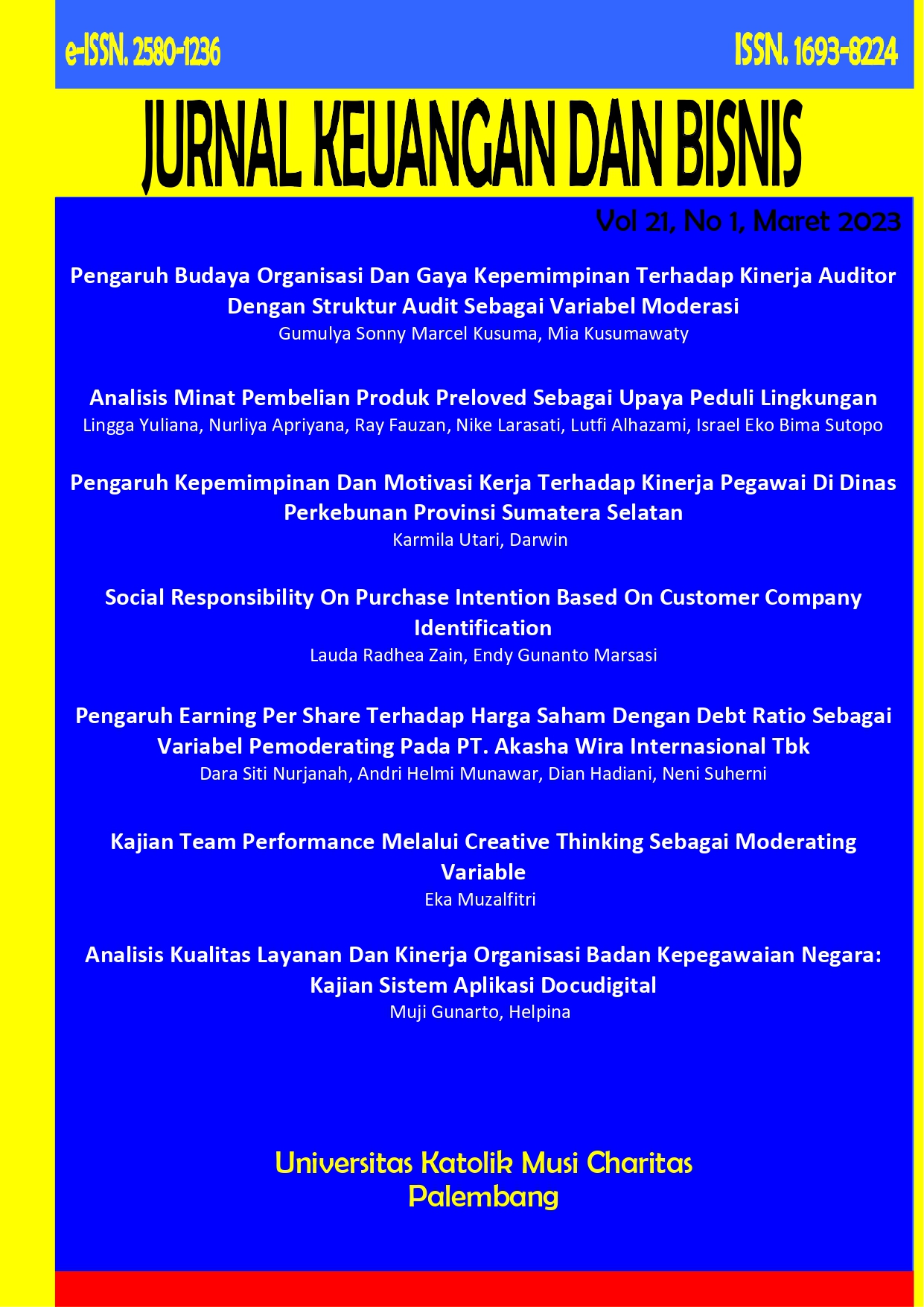 					View Vol. 21 No. 1 (2023): Jurnal Keuangan Dan Bisnis Volume 21 Nomor 1  Maret 2023
				